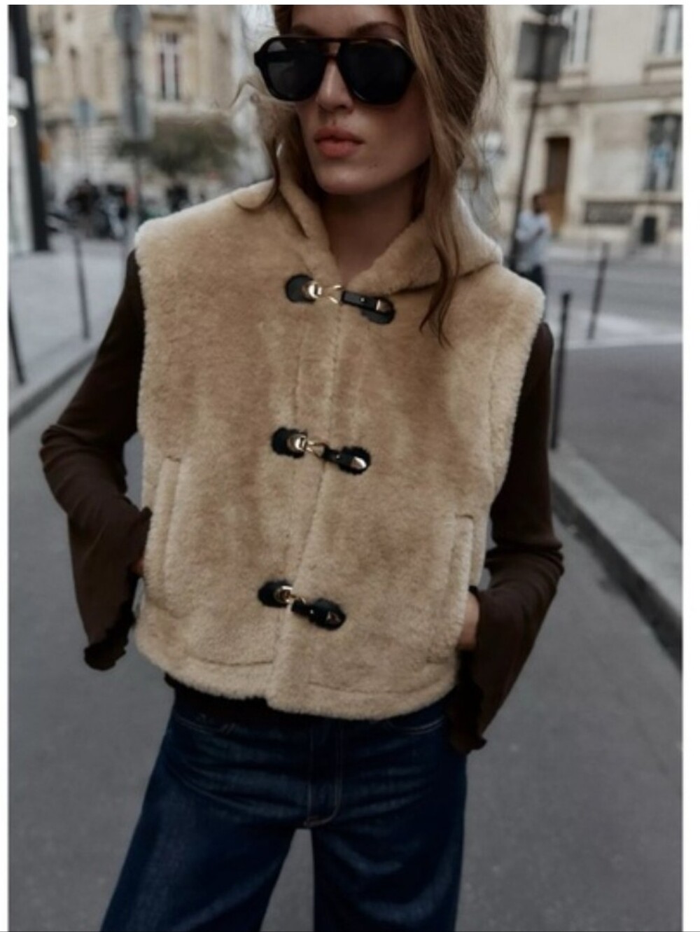 Zara Nwt Faux Shearling Hooded Toggle Gillet Vest - Beige Size XS